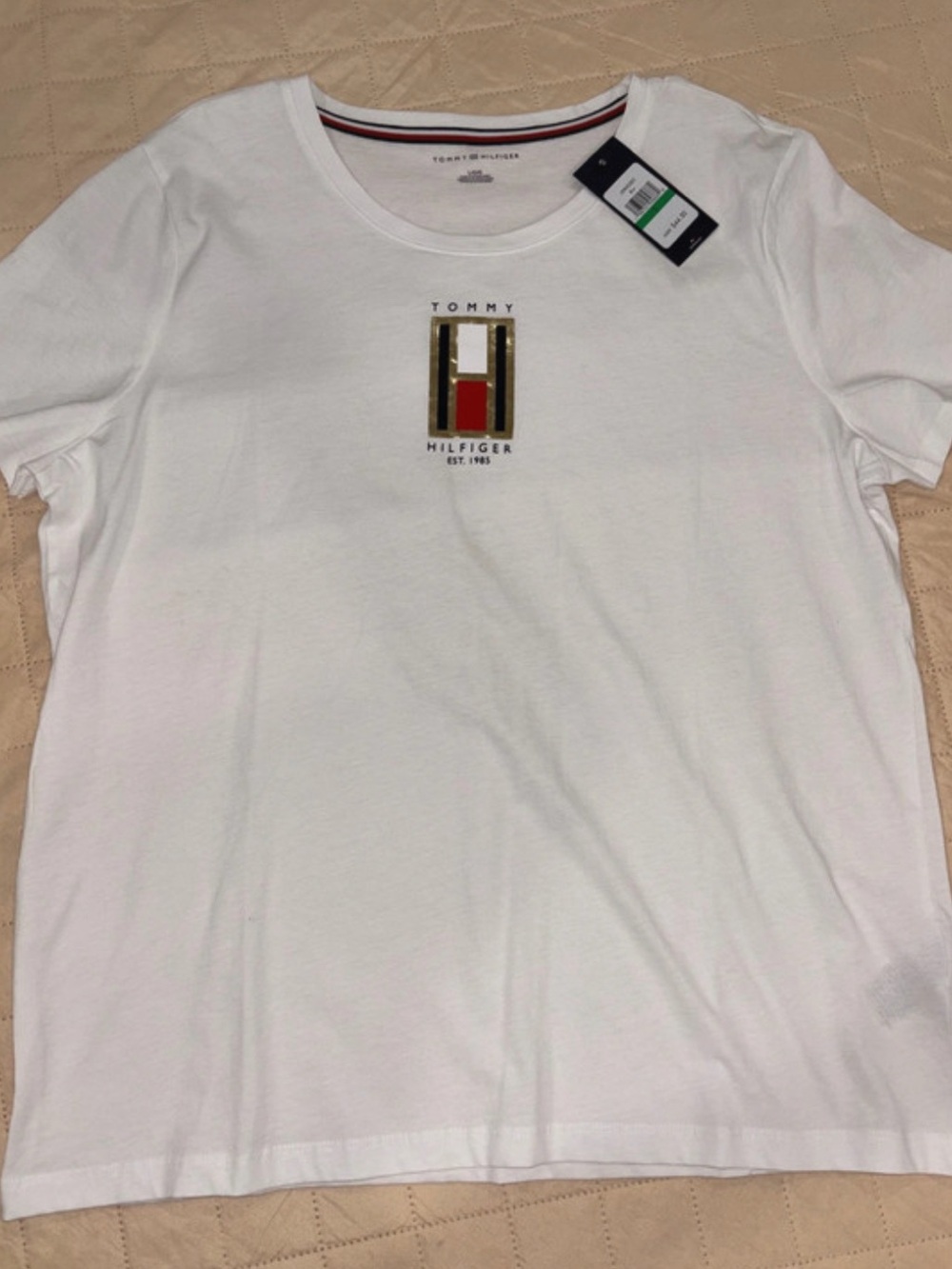 Tommy Hilfiger White Short-Sleeve Tee with Gold & Red Logo